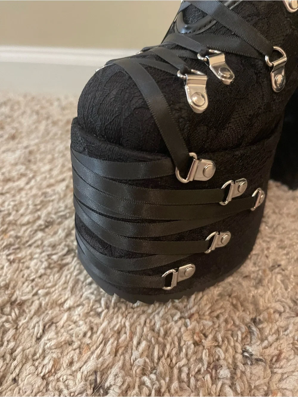 Women’s Black Lace-Up Platform Ankle Boots with Silver Hardware